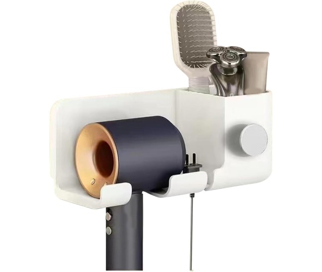 Suport de Baie, Flippy, pentru Uscator de Par, cu Organizator Dublu, din Plastic, Aplicare cu Suport Adeziv, 23 x 8.8 x 9.5 cm, Alb Suport de Baie, Flippy, pentru Uscator de Par, cu Organizator Dublu, din Plastic, Aplicare cu Suport Adeziv, 23 x 8.8 x 9.5 cm, Alb