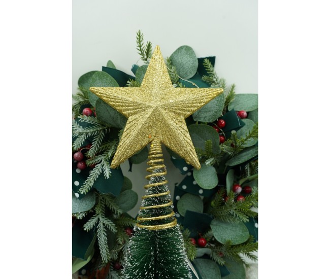 Varf decorativ de brad, Auriu, in forma de Stea, cu design in relief, din Plastic/Metal, 15.5 cm x 20.5 cm, Interior/Exterior, Flippy