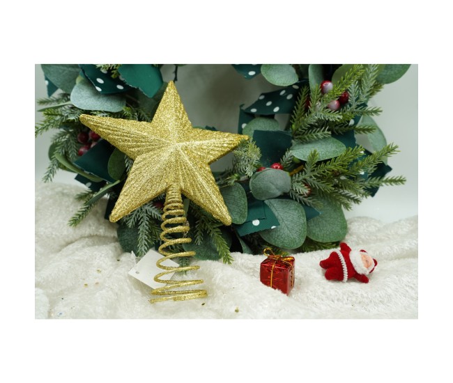 Varf decorativ de brad, Auriu, in forma de Stea, cu design in relief, din Plastic/Metal, 15.5 cm x 20.5 cm, Interior/Exterior, Flippy