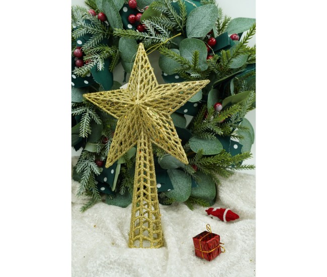 Varf decorativ de brad, Auriu, in forma de Stea, cu model decupat, din Plastic/Metal, 18 cm x 26 cm, Interior/Exterior, Flippy Varf decorativ de brad, Auriu, in forma de Stea, cu model decupat, din Plastic/Metal, 18 cm x 26 cm, Interior/Exterior, Flippy