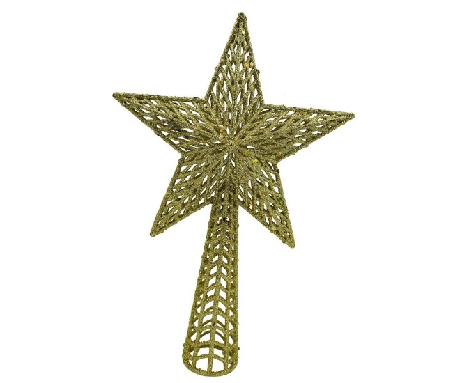 Varf decorativ de brad, Auriu, in forma de Stea, cu model decupat, din Plastic/Metal, 18 cm x 26 cm, Interior/Exterior, Flippy Varf decorativ de brad, Auriu, in forma de Stea, cu model decupat, din Plastic/Metal, 18 cm x 26 cm, Interior/Exterior, Flippy