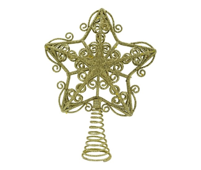 Varf decorativ de brad, Auriu, in forma de Stea, design forjat, din Plastic/Metal, 14.5 cm x 20 cm, Interior/Exterior, Flippy Varf decorativ de brad, Auriu, in forma de Stea, design forjat, din Plastic/Metal, 14.5 cm x 20 cm, Interior/Exterior, Flippy