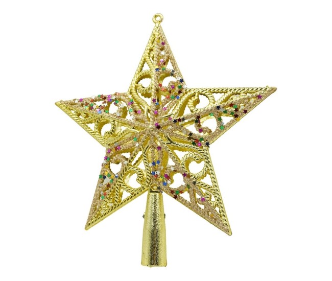 Varf decorativ de brad, Auriu/ Roz, in forma de Stea, design spiralat, din Plastic, 19 cm x 21 cm, Interior/Exterior, Flippy Varf decorativ de brad, Auriu/ Roz, in forma de Stea, design spiralat, din Plastic, 19 cm x 21 cm, Interior/Exterior, Flippy
