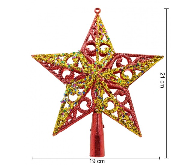 Varf decorativ de brad, Rosu/ Auriu, in forma de Stea, design spiralat, din Plastic, 19 cm x 21 cm, Interior/Exterior, Flippy