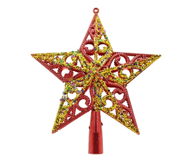 Varf decorativ de brad, Rosu/ Auriu, in forma de Stea, design spiralat, din Plastic, 19 cm x 21 cm, Interior/Exterior, Flippy