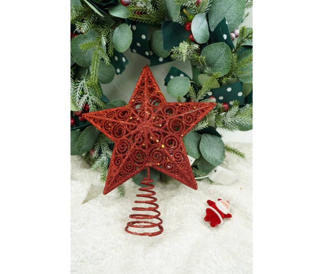 Varf decorativ de brad, Rosu, in forma de Stea, design spiralat, din Plastic/Metal, 19 cm x 23 cm, Interior/Exterior, Flippy Varf decorativ de brad, Rosu, in forma de Stea, design spiralat, din Plastic/Metal, 19 cm x 23 cm, Interior/Exterior, Flippy