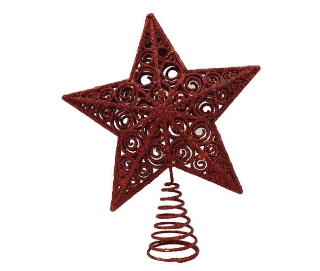 Varf decorativ de brad, Rosu, in forma de Stea, design spiralat, din Plastic/Metal, 19 cm x 23 cm, Interior/Exterior, Flippy Varf decorativ de brad, Rosu, in forma de Stea, design spiralat, din Plastic/Metal, 19 cm x 23 cm, Interior/Exterior, Flippy
