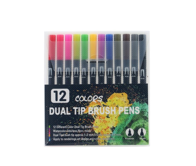 Set 12 Carioci, Flippy, pe Baza de Apa, 2 Tipuri de Varf, 1-2 mm, 0.4 mm, Corp Carioca Negru, din Plastic, Multicolor