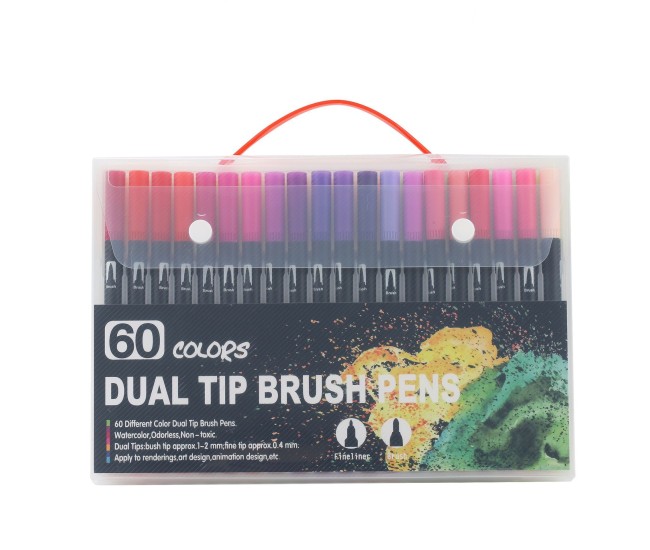 Set markere cu doua capete, penita moale, pentru pictura in acuarela, pe baza de apa, 72 culori, pentru desen anime, set 60 culori