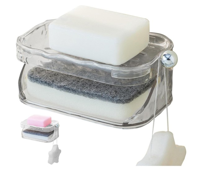 Savoniera Dubla, Flippy, 2 Straturi, Instalare fara Perforare, Agatatoare Burete, 13.5 x 8.5 x 6 cm, Transparent