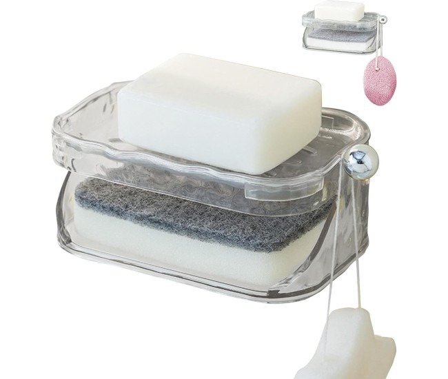 Savoniera Dubla, Flippy, 2 Straturi, Instalare fara Perforare, Agatatoare Burete, 13.5 x 8.5 x 6 cm, Transparent