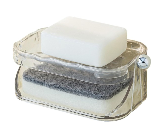 Savoniera Dubla, Flippy, 2 Straturi, Instalare fara Perforare, Agatatoare Burete, 13.5 x 8.5 x 6 cm, Transparent