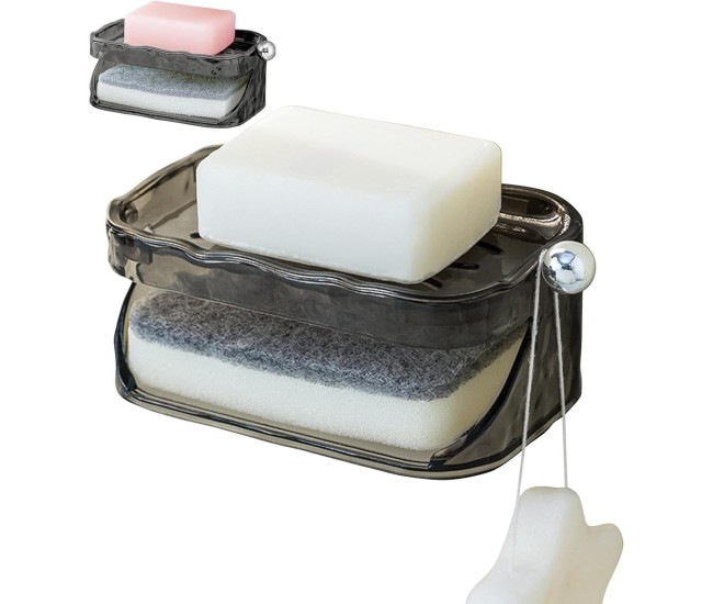 Savoniera Dubla, Flippy, 2 Straturi, Instalare fara Perforare, Agatatoare Burete, 13.5 x 8.5 x 6 cm, Gri