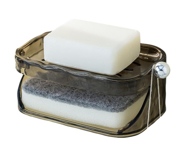 Savoniera Dubla, Flippy, 2 Straturi, Instalare fara Perforare, Agatatoare Burete, 13.5 x 8.5 x 6 cm, Gri