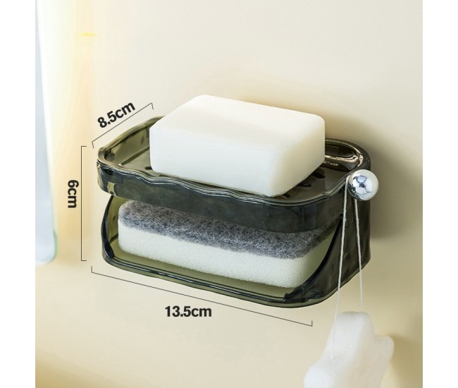 Savoniera Dubla, Flippy, 2 Straturi, Instalare fara Perforare, Agatatoare Burete, 13.5 x 8.5 x 6 cm, Verde Inchis