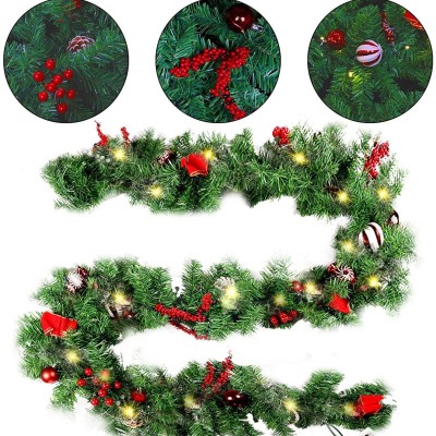 White and red cane string + 30 lights - Christmas garland, with cranberries and cones, made of artificial fir, with snowy pine parts, 180 cm, Green