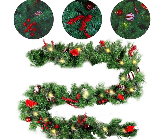 White and red cane string + 50 lights - Christmas garland, with cranberries and cones, made of artificial fir, with snowy pine parts, 270 cm, Green White and red cane string + 50 lights - Christmas garland, with cranberries and cones, made of artificial fir, with snowy pine parts, 270 cm, Green