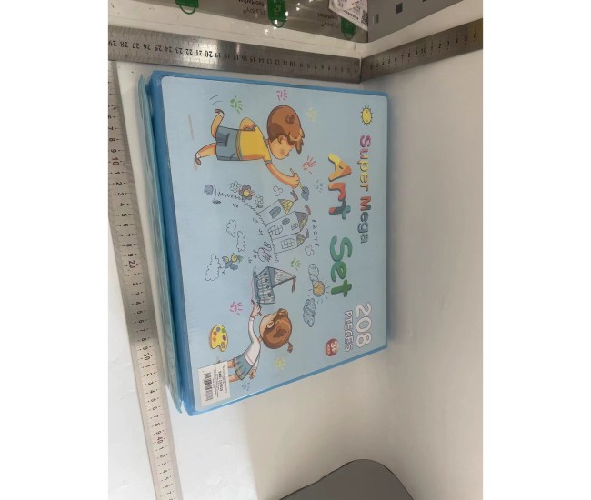 Set Complet pentru Desen si Pictura, Flippy, 208 Piese, Creioane, Markere, Acuarele cu Apa si Ulei, Pixuri, Hartie de Desen, Radiera, Ascutitoare, Radiera, Suport pentru Planse, Albastru, Cutie Mica, English