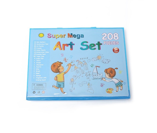 Set Complet pentru Desen si Pictura, Flippy, 208 Piese, Creioane, Markere, Acuarele cu Apa si Ulei, Pixuri, Hartie de Desen, Radiera, Ascutitoare, Radiera, Suport pentru Planse, Albastru, Cutie Mica, English