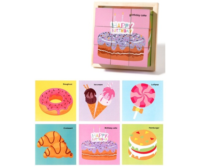 Puzzle din Lemn, Flippy, 9 Cuburi, 6 Fete, 4-6 Ani, 11 x 11 x 3.2 cm, Model Dulciuri, Multicolor Puzzle din Lemn, Flippy, 9 Cuburi, 6 Fete, 4-6 Ani, 11 x 11 x 3.2 cm, Model Dulciuri, Multicolor