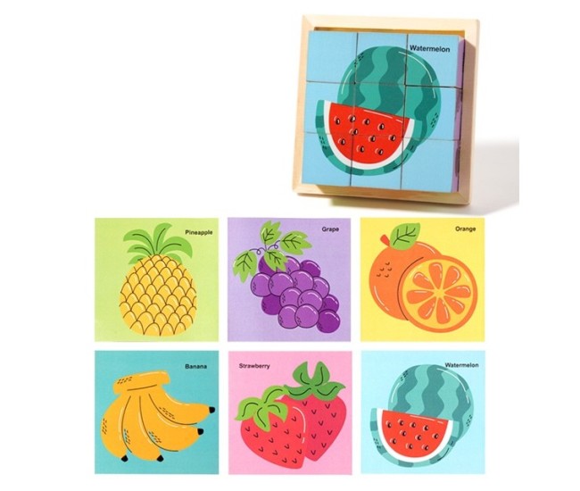 Puzzle din Lemn, Flippy, 9 Cuburi, 6 Fete, 4-6 Ani, 11 x 11 x 3.2 cm, Model Fructe, Multicolor Puzzle din Lemn, Flippy, 9 Cuburi, 6 Fete, 4-6 Ani, 11 x 11 x 3.2 cm, Model Fructe, Multicolor