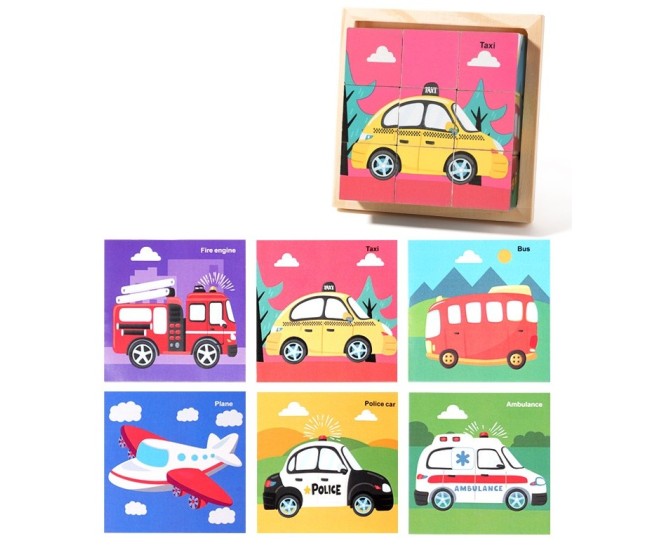 Puzzle din Lemn, Flippy, 9 Cuburi, 6 Fete, 4-6 Ani, 11 x 11 x 3.2 cm, Model Masini, Multicolor Puzzle din Lemn, Flippy, 9 Cuburi, 6 Fete, 4-6 Ani, 11 x 11 x 3.2 cm, Model Masini, Multicolor
