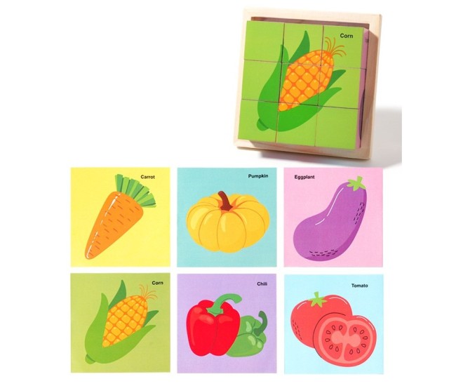 Puzzle din Lemn, Flippy, 9 Cuburi, 6 Fete, 4-6 Ani, 11 x 11 x 3.2 cm, Model Legume, Multicolor Puzzle din Lemn, Flippy, 9 Cuburi, 6 Fete, 4-6 Ani, 11 x 11 x 3.2 cm, Model Legume, Multicolor