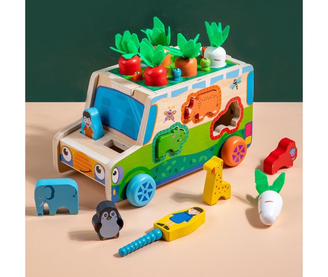 Jucarie Educativa Montessori, Flippy, Model Masinuta Educativa din Lemn 6 in 1, Sortator Forme, 1–3 ani, 23.7 x 17.5 x 12 cm, Multicolor