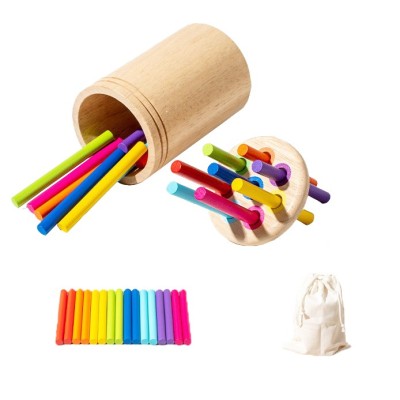 Jucarie Educativa Montessori din Lemn, 19 Piese, Flippy, Sortator cu Betisoare, Joc de Motricitate Fina pentru Copii, Varsta 2+ ani, Saculet Depozitare, 11.3 x 7 cm, Multicolor