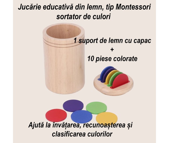 Jucarie Educativa Montessori din Lemn, 13 Piese, Flippy, Sortator cu Discuri Colorate, Joc de Motricitate Fina pentru Copii, Varsta 2+ ani, Saculet Depozitare, 11.3 x 7 cm, Multicolor