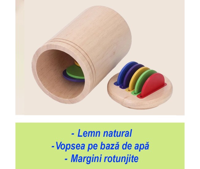 Jucarie Educativa Montessori din Lemn, 13 Piese, Flippy, Sortator cu Discuri Colorate, Joc de Motricitate Fina pentru Copii, Varsta 2+ ani, Saculet Depozitare, 11.3 x 7 cm, Multicolor