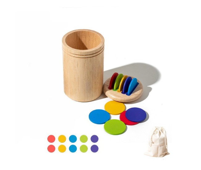 Jucarie Educativa Montessori din Lemn, 13 Piese, Flippy, Sortator cu Discuri Colorate, Joc de Motricitate Fina pentru Copii, Varsta 2+ ani, Saculet Depozitare, 11.3 x 7 cm, Multicolor