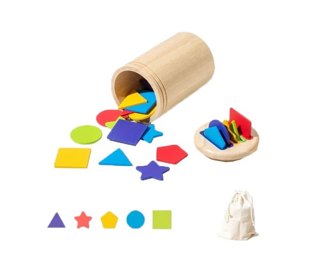 Jucarie Educativa Montessori din Lemn, 28 Piese, Flippy, Sortator cu Forme Geometrice, Joc de Motricitate Fina pentru Copii, Varsta 2+ ani, Saculet Depozitare, 11.3 x 7 cm, Multicolor