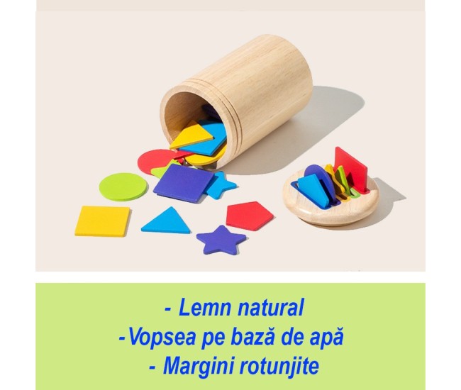Jucarie Educativa Montessori din Lemn, 28 Piese, Flippy, Sortator cu Forme Geometrice, Joc de Motricitate Fina pentru Copii, Varsta 2+ ani, Saculet Depozitare, 11.3 x 7 cm, Multicolor
