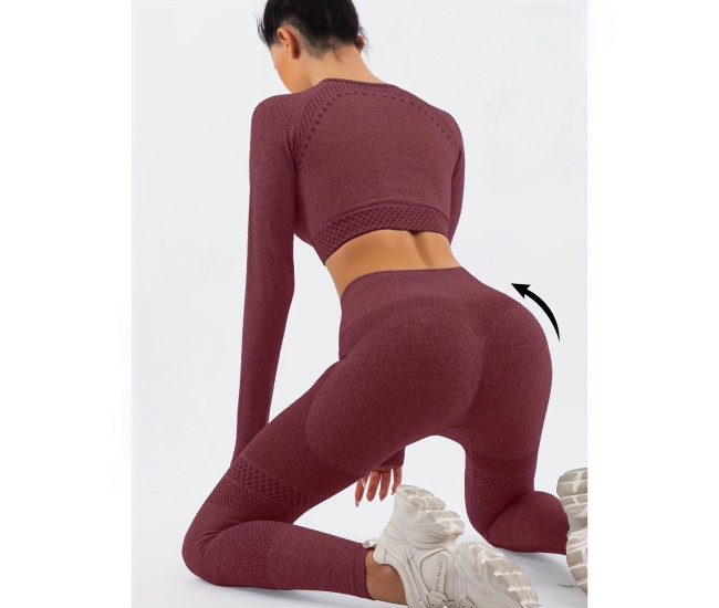 Costum Sport de Dama, Flippy, pentru Yoga, Talie Inalta, Top Scurt, Elastic, Burgundy, Marime S