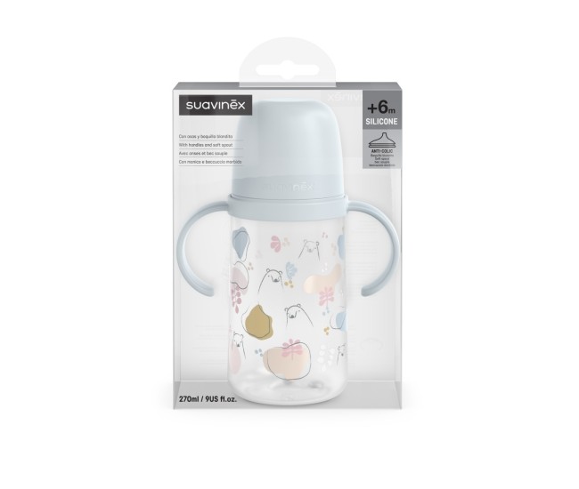 Cana cu muștiuc din silicon, 270 ml, bears, albastru, suavinex