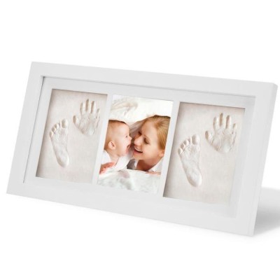 Kit rama foto tripla cu 2 amprente mulaj drool (culoare rama: alb, culoare kit mulaj: albastru)
