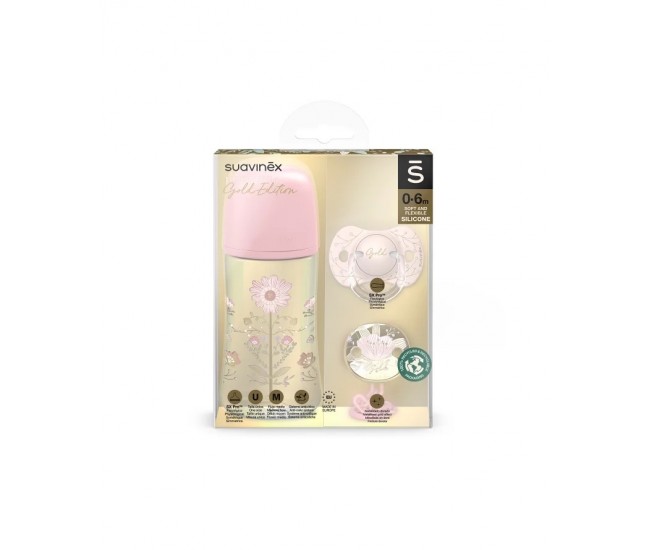 Set biberon 270ml + suzetă 0-6m + lănțișor roz gold premium Set biberon 270ml + suzetă 0-6m + lănțișor roz gold premium