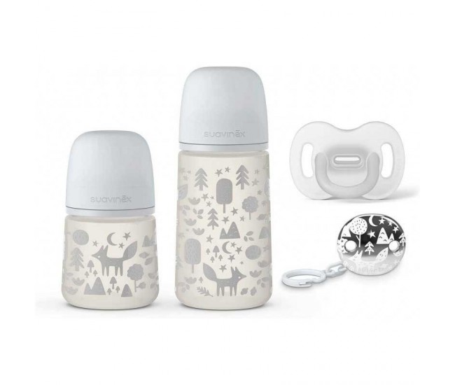 Set cadou biberon 150 ml + biberon 270 ml + suzetă + lănțișor suzetă fox, suavinex Set cadou biberon 150 ml + biberon 270 ml + suzetă + lănțișor suzetă fox, suavinex