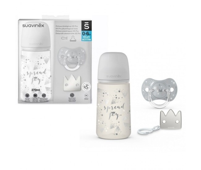 Set cadou biberon 270ml + suzetă 0-6m + clema silver premium, spread joy, suavinex Set cadou biberon 270ml + suzetă 0-6m + clema silver premium, spread joy, suavinex