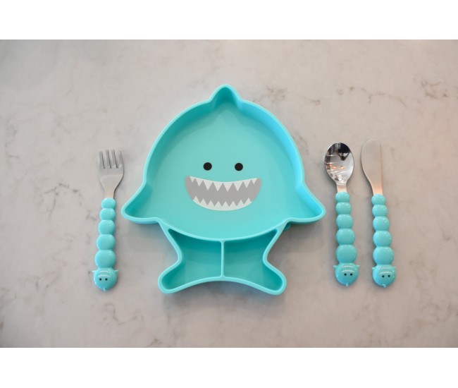 Farfurie compartimentata din silicon cu ventuza, melii, rechin