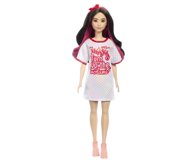 Papusa barbie fashionista bruneta cu rochita sport Papusa barbie fashionista bruneta cu rochita sport