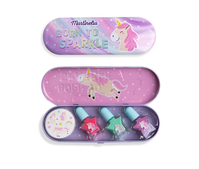 Martinelia little unicorn set 3 lacuri de unghii si stickers in cutie metalica Martinelia little unicorn set 3 lacuri de unghii si stickers in cutie metalica