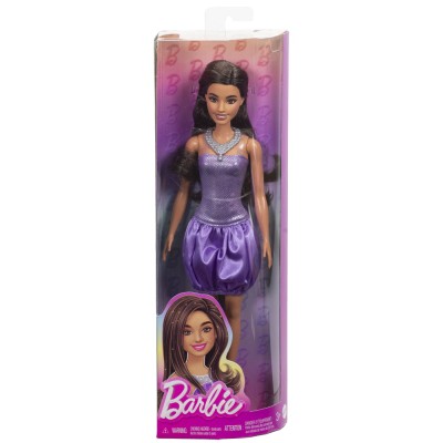Barbie fashionistas papusa barbie bruneta cu rochie mov cu paiete