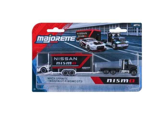 Majorette transporter set remorca de curse deluxe mack granite si masinuta nissan gt r nismo gt 3