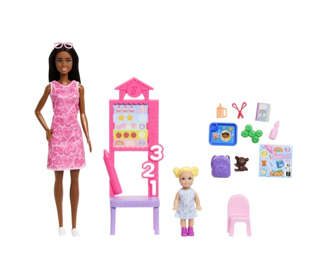 Barbie set de joaca papusa barbie bruneta mulatra face cariera profesoara