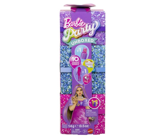 Barbie set party unboxed reveal papusa barbie mov cu 10 accesorii surpriza Barbie set party unboxed reveal papusa barbie mov cu 10 accesorii surpriza