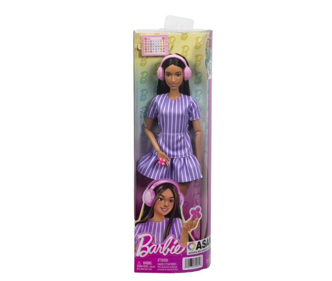 Barbie papusa barbie fashionistas bruneta cu rochie mov dungata cu autism