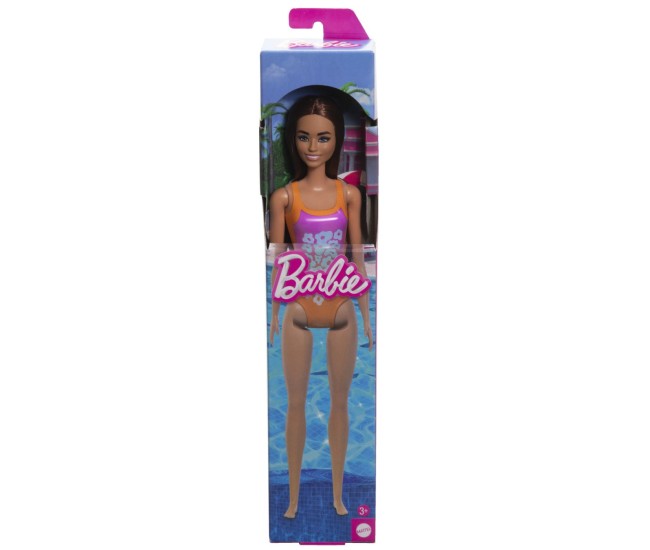 Papusa barbie bruneta cu costum de baie inflorat