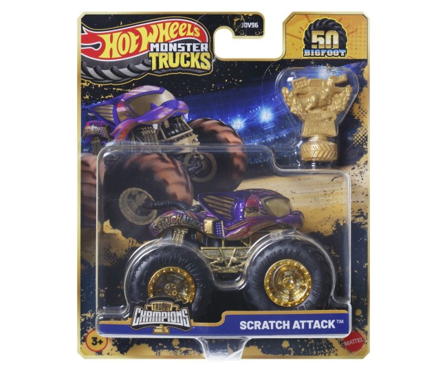 Hot wheels monster truck 50 bigfoot trophy champions masinuta scratch attack scara 1 la 64 Hot wheels monster truck 50 bigfoot trophy champions masinuta scratch attack scara 1 la 64